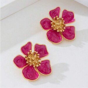 New! Anthropologie Pink Hand Painted Gold Flower Earrings (3014) NWOT